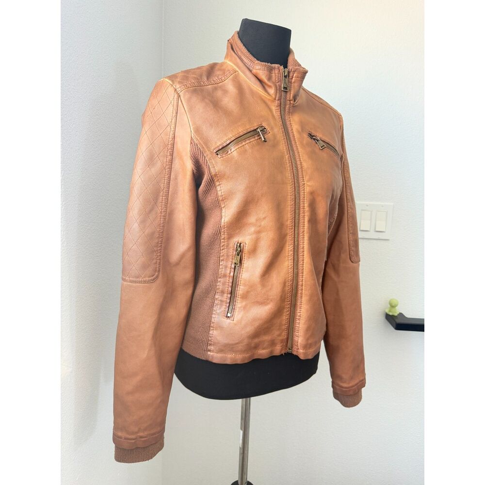 Therapy Tan Faux Leather Moto Jacket Quilted Sleeve Ribbed Knit Large